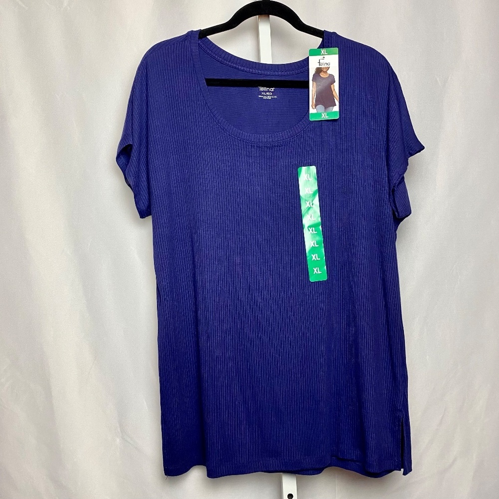 NWT Felina Womenʻs Blue Ribbed Short Sleeve Stretchy Scoop Neckline Blouse XL